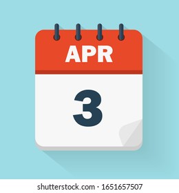 April 3rd. Daily Calendar Icon In Vector Format.  Date, Time, Day, Month. Holidays