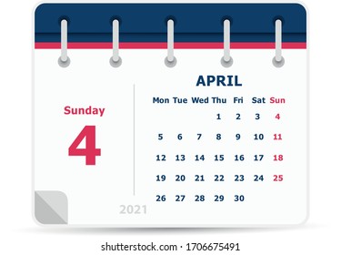April 4 - Calendar Icon - 2021 - Week starts monday. Calendar design template. 