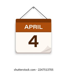 4 de abril, icono del calendario con sombra. Día, mes. Hora de cita de la reunión. Fecha de programación del evento. Ilustración vectorial plana. 