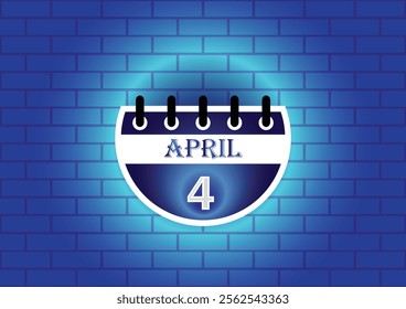 April 4 calendar sign on blue neon brick wall background. Flat design style. Date, day and month. Vector illustration.