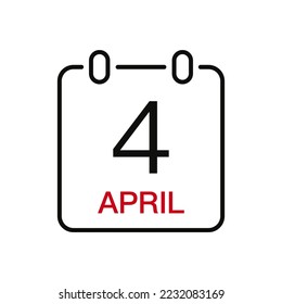 April 4 date on the calendar, vector line stroke icon for user interface. Calendar with date, vector illustration.