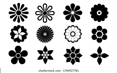 APRIL 5, 2020: Black Flower Icon Set in Silhouette Illustration, Isolated on White Background