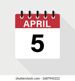 Icono del Calendario de Abril - 5. Icono de calendario con sombra. Estilo plano. Fecha, día y mes.