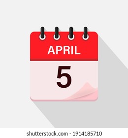 April 5, Calendar icon with shadow. Day, month. Flat vector illustration.