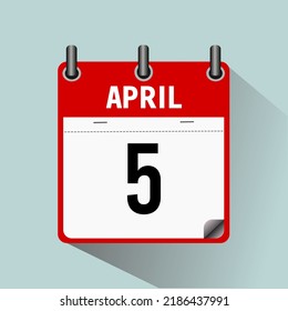 5 de abril, ilustración vectorial de icono de calendario, aislada en fondo azul claro.