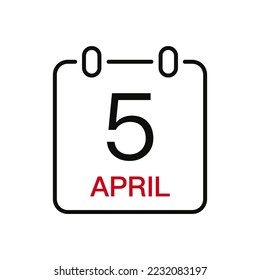 April 5 date on the calendar, vector line stroke icon for user interface. Calendar with date, vector illustration.