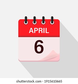 April 6, Calendar icon with shadow. Day, month. Flat vector illustration.