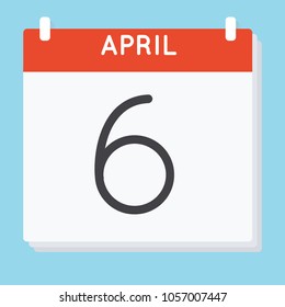 April 6. Calendar icon. Vector illustration in flat design isolated in blue background. Date and time, day, month.
