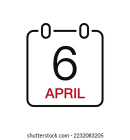 April 6 date on the calendar, vector line stroke icon for user interface. Calendar with date, vector illustration.