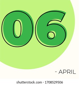 April 6th Modern calendar isolated on white background. Vector illustration. Green colors 