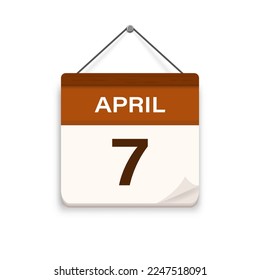 April 7, Calendar icon with shadow. Day, month. Meeting appointment time. Event schedule date. Flat vector illustration. 