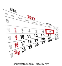 April 7, highlighted on 2017 calendar. Vector Illustration.
