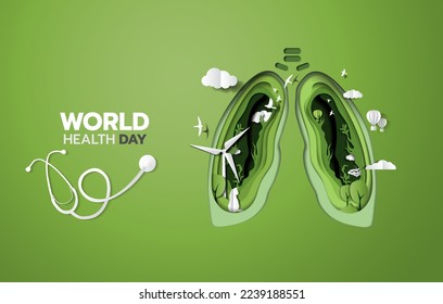 El 7 de abril es el Día Mundial de la Salud. Pulmón, estetoscopio, nube, árbol, oxígeno, ilustración aérea. Ilustración de corte de papel, vector 3D