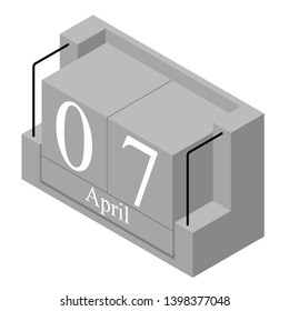 April 7th date on a single day calendar. Gray wood block calendar present date 7 and month April isolated on white background. Holiday. Season. Vector isometric illustration