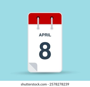 April 8 calendar icon isolated on background. March vector for day of week and month in red. Calendar design vector template. Vertical orientation.