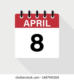 April - 8 Calendar Icon. Calendar Icon with shadow. Flat style. Date, day and month.