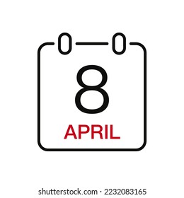 Fecha del 8 de abril en el calendario, icono de trazo de línea vectorial para la interfaz de usuario. Calendario con fecha, ilustración vectorial.