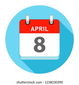 April 8 Date on a Single Day Calendar in Flat Style with long flat shadow on a blue background