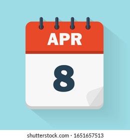 April 8th. Daily calendar icon in vector format.  Date, time, day, month. Holidays