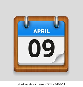 April 9 blue daily realistic calendar with wooden frame icon date vector image