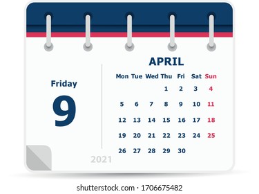 April 9 - Calendar Icon - 2021 - Week starts monday. Calendar design template. 