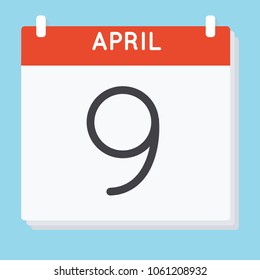 April 9. Calendar icon. Vector illustration in flat design isolated in blue background. Date and time, day, month.