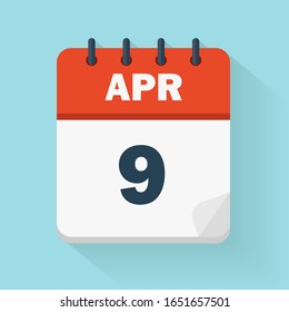 April 9th. Daily calendar icon in vector format.  Date, time, day, month. Holidays