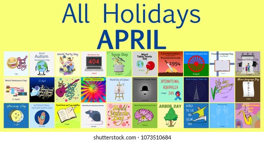 April. All Holidays greeting cards. Vector Template Pack. 