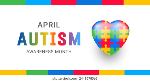April Autism Awareness Month banner with 3d puzzle heart background. Web banner template