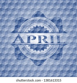 April blue emblem or badge with abstract geometric polygonal pattern background.