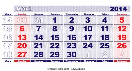 April. ?olor calendar for 2014