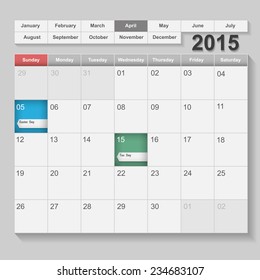 April Calendar 2015, week start at sunday with Holiday event