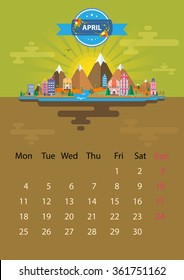 April.  Calendar for 2016 in A4 format. The first day of the week - Monday. Style flat design. Set 3. Landscape of a small town on the background of nature.. Stock. Illustration. Image. Vector.