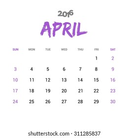 April Calendar 2016 Vector Design Template. Week Starts Sunday. vector illustration