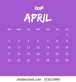 April Calendar 2016 Vector Design Template. Week Starts Sunday. vector illustration