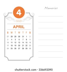 April Calendar 2016 Vector Design Template. Week Starts Sunday. Event Calendar. place for notes and special text. vector illustration