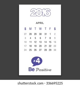 April Calendar 2016 Vector Design Template. Week Starts Sunday. vector illustration