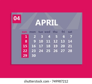 April calendar 2018. Week starts on Sunday. Business vector illustration template for one month 2018 years.