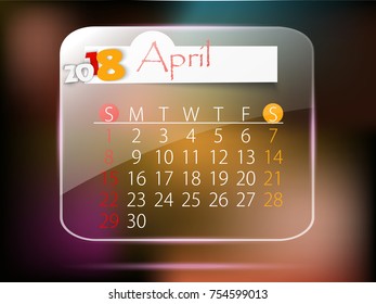 April: Calendar for 2018 year, editable template poster and calendar design, vector illustration...