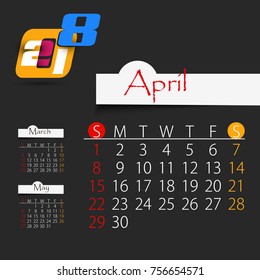 April: Calendar for 2018 year, editable template poster and calendar design, vector illustration...