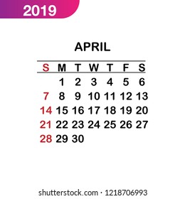 April calendar 2019, Week starts from Sunday, business template, Vector calendar