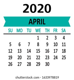 April. Calendar 2020. Fourth page of set. Weeks from Sunday. Vector illustration