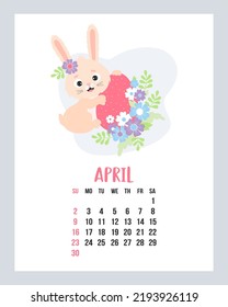 April calendar 2023. Cute easter bunny with easter egg and flowers. Vector illustration. Vertical Template. Week from sunday In English. rabbit is symbol 2023 year