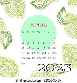 April calendar 2023. Lime fruits. Vector hand drawn design print. Natural background. Pencil drawing