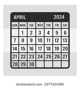 April Calendar, 2024 Calendar, Monthly Calendar, Vector Eps Cut Files