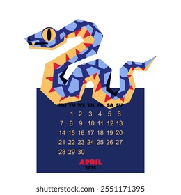 april calendar for 2025 with snake in the colors of Future Dusk. New Year of the snake. Lunar New Year or Chinese New Year. a blue curved snake on a dark. character about the animals of the zodiac