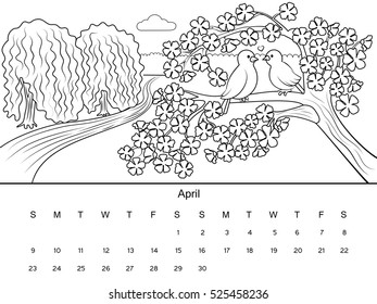 April calendar with coloring book image. Black and white drawing. Cartoon hand drawn vector illustration