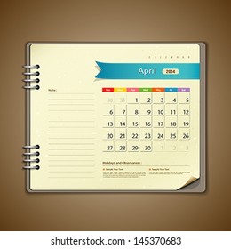 April Calendar diary note paper, vector illustration