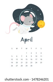 April calendar flat vector illustration. Children planner for spring 2020. Basic grid design with mascot. Organizer template with text and numbers on white background. Cute mouse in open space