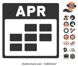 April Calendar Grid icon with bonus setup tools symbols. Vector illustration style is flat iconic symbols, orange and gray, white background.